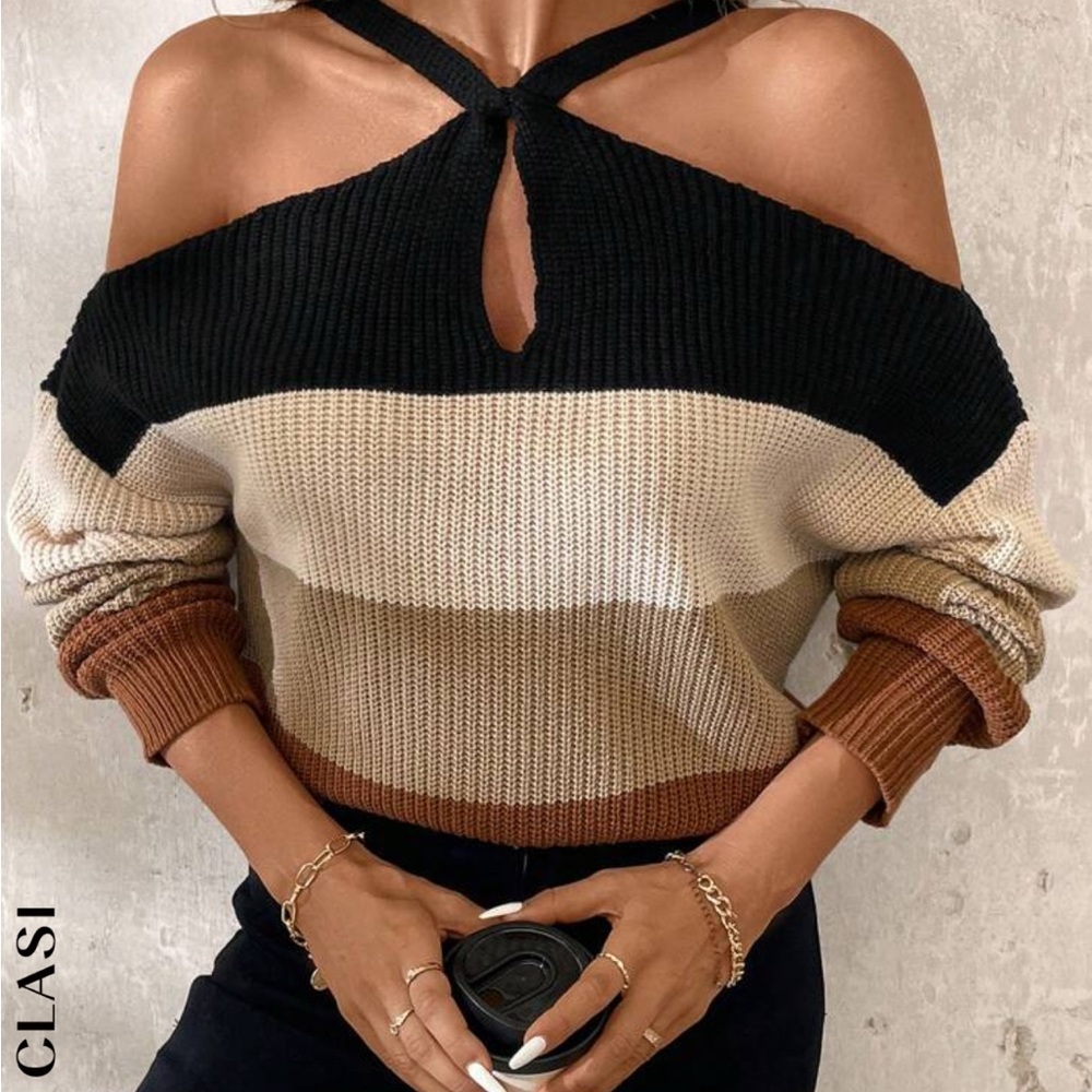 Women's Colorblock Sweater - Black, Cream, Brown